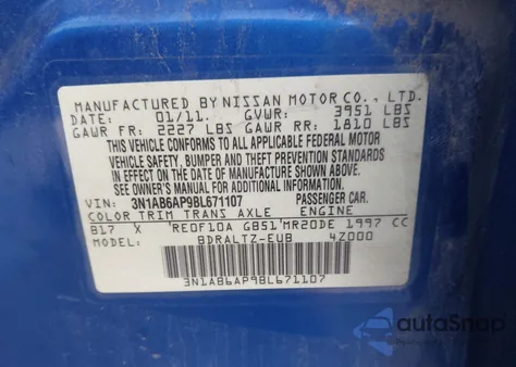 2011 Nissan Sentra 2.0Sr z USA, uszkodzony, nr VIN 3N1AB6AP9BL671107